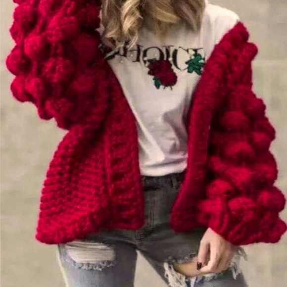 🆕ONE SIZE CHERRY RED POM POM BALLON SLEEVE OPEN FRONT CARDIGAN SWEATER JACKET - Picture 1 of 5